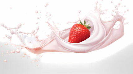 Dynamic interaction of milk splash with strawberry, creating a smooth wave of yogurt and cream, generative by AI.