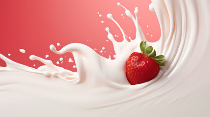 Dynamic interaction of milk splash with strawberry, creating a smooth wave of yogurt and cream, generative by AI.
