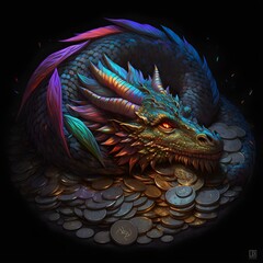 big dragon colorfull sleeping on a big pile of coins Bourassa art style Darkest Dungeon Style draw lines color intrincate details dynamic lighting 