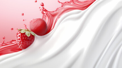 Dynamic interaction of milk splash with strawberry, creating a smooth wave of yogurt and cream, generative by AI.