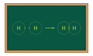 Fototapeta premium Covalent bond of the hydrogen molecule. Two hydrogen atoms and hydrogen molecule. Vector illustration isolated on white background.