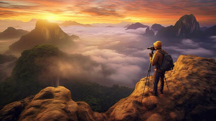 photorealism of Asia, a man taking a photo of a mountain, a photo of a person with a camera, on top of a mountain