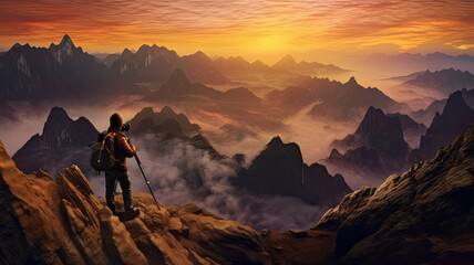 photorealism of Asia, a man taking a photo of a mountain, a photo of a person with a camera, on top of a mountain