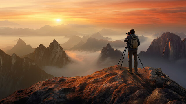 photorealism of Asia, a man taking a photo of a mountain, a photo of a person with a camera, on top of a mountain