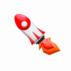 Red rocket, white background for new business startup or business growth, finance, 3d render illustration.