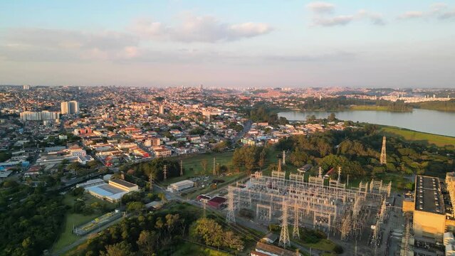 Aerial view of the region of Interlagos and Cidade Dutra in S&atilde;o Paulo. Houses, buildings and car traffic during late afternoon in 2023.