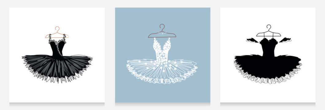 Beautiful black and white tutu on a hanger. Set of vector illustration isolated on white background to decorate a flyer, poster, invitation or social networks.