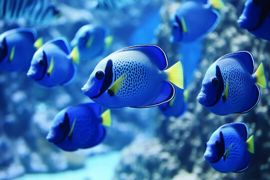 Tropical fish blue tang swimming in a blue water. Underwater world.