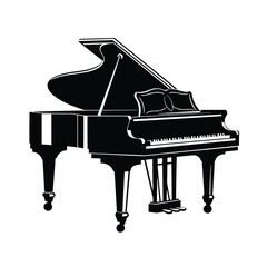 Piano silhouette, grand piano, Music, pianist. Musical instrument, isolated on white background.