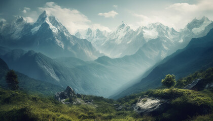 Fototapeta premium Majestic mountain range, tranquil meadow, panoramic beauty generated by AI