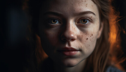 Young adult woman looking at camera sadly generated by AI