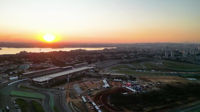Aerial view of the region of Interlagos and Cidade Dutra in S&atilde;o Paulo. Houses, buildings and car traffic during late afternoon in 2023.
