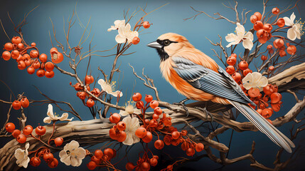 Songbird on a floral branch with red berries.  Songbird wallpaper, mural with a blue background.   