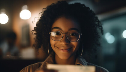 Young African businesswoman smiling, holding coffee indoors generated by AI