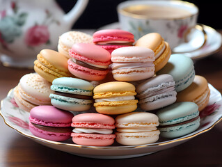 Obraz premium Colorful macaroon cookies on a plate sitting on a wooden table. Macaroons for dessert with coffee. Delicious french desserts