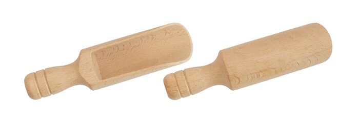 Wooden measuring scoop spoon front and back top view, png isolated on transparent background