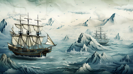 Vintage nautical schooner exploration voyage grunge wallpaper mural background. pirate and nautical explorer theme