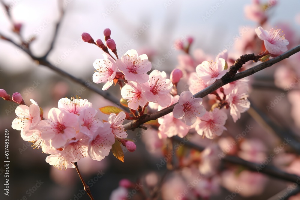 Poster spring blooming apple tree flowers on a branch .generated by Ai