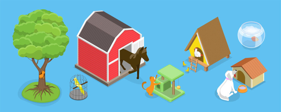 3D Isometric Flat Vector Set of Wild And Domestic Animals With Homes, Poultry Farming