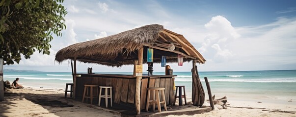 beack bar at the beach, Tropical Serenity: An Inviting Photograph of an Empty Beach Bar in Jamaica, Embracing the Old-Fashioned Charm Amidst Bamboo, Palms, and the Laid-Back Surfing Culture - obrazy, fototapety, plakaty
