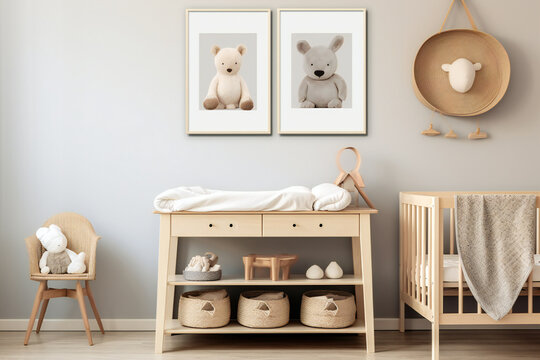Baby room interior with crib, armchair, toys and photo frames