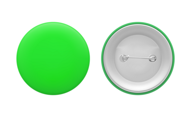 Green round pin. Empty badge template, front and back. Png clipart isolated cut out on transparent background