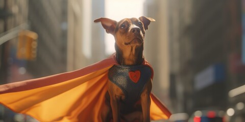 Cute super hero dog with his red cape in city background, generative ai