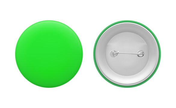 Green round pin. Empty badge template, front and back. Png clipart isolated cut out on transparent background