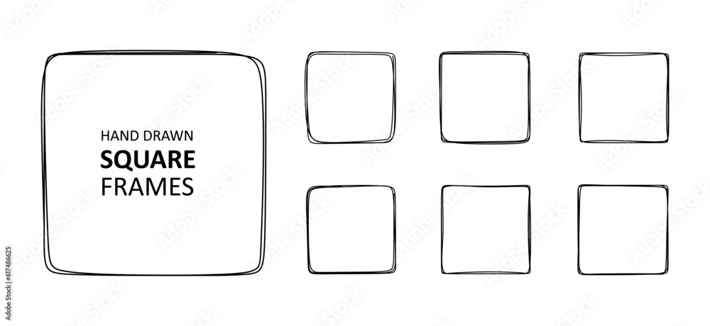 Poster hand drawn square frames set. collection of square sketches isolated on white background. linear fra