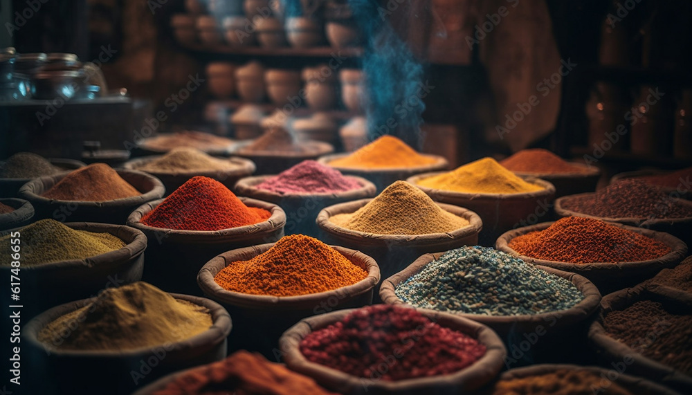 Poster vibrant colors of spices in a row generated by ai