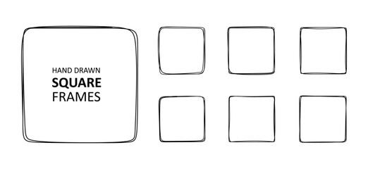 Hand drawn square frames set. Collection of square sketches isolated on white background. Linear frames in doodle style. Vector illustration