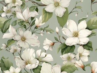 Photo seamless pattern with white flowers and green background