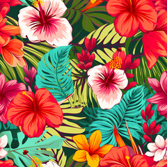 Seamless tropical floral pattern with bright flowers and exotic leaves