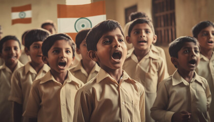 Obraz premium Smiling school children in uniform studying indoors generated by AI