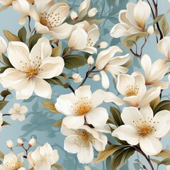 Photo seamless floral pattern with white flowers and blue background