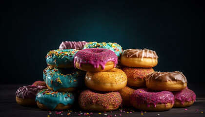 Fototapeta na wymiar Multi colored donut stack, a sweet indulgence generated by AI