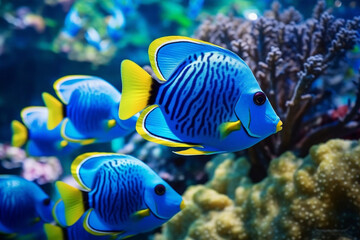 Tropical fish blue tang swimming in a blue water. Underwater world. - obrazy, fototapety, plakaty