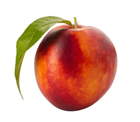 Nectarine peach with green leaf isolated on white with clipping path included