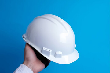 Hand holding white safety helmet close up view, engineer helmet on blue background. Generative AI.