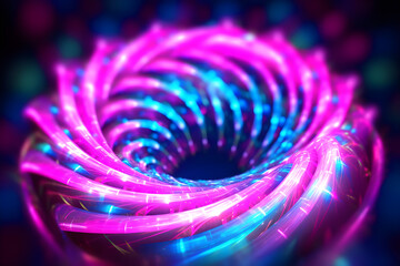 cell structure. Futuristic background. fantasy pattern. Macro of defocused neon blue pink purple color glowing curve spiral on black , generative ai