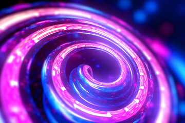 cell structure. Futuristic background. fantasy pattern. Macro of defocused neon blue pink purple color glowing curve spiral on black , generative ai
