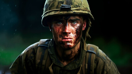 Fototapeta premium soldier in battle weary uniform, face smeared with dirt and determination