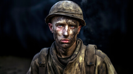 Obraz premium soldier in battle weary uniform, face smeared with dirt and determination