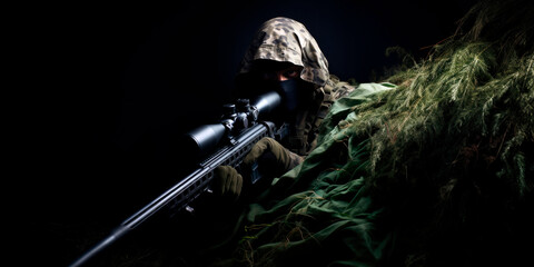 sniper watching from his safe hiding place, army, soldier - obrazy, fototapety, plakaty