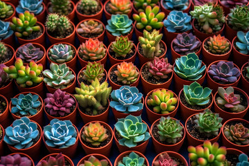 Fototapeta premium many succulents in small pots top view, generative ai