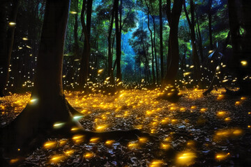 Thousands of fireflies in a forest at night (Generative AI)