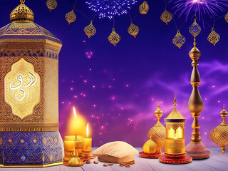 Free photo free photo Ramadan Kareem Eid Mubarak royal elegant lamp with mosque holy gate with fireworks