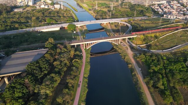 Aerial view of the Jurubatuba River, the Eleva&ccedil;&atilde;o Pedreira Hydroelectric Power Plant and the Piratininga Thermoelectric Power Plant. Dam located between Interlagos and Diadema in the city of S&atilde;o Paulo