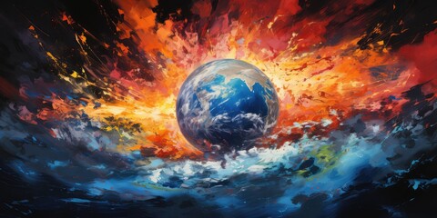 Naklejka na ściany i meble Surreal Painting of the earth in space with explosions