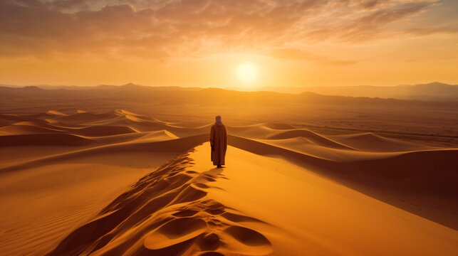 a lonely nomad walking in the desert landscape with dunes and patterns of sand, fictional landscape created with generative ai